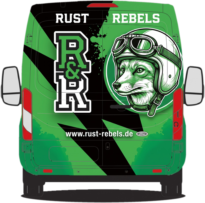 Transporter-Heck in Grün-Schwarz mit Fuchs-Maskottchen und R&R-Monogramm