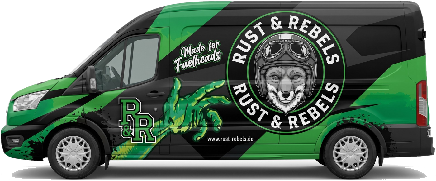 Transporter-Seitenansicht mit Rust-&-Rebels-Livery